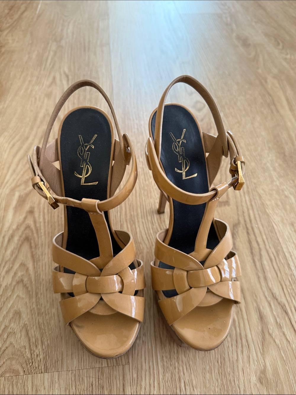 Saint Laurent Tribute Camel Patent Leather Knotted Slingback Heels